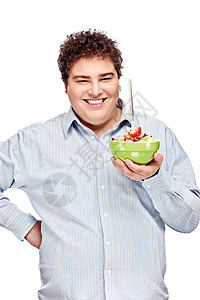 胖胖男人和沙拉盘子男性微笑重量食物背景