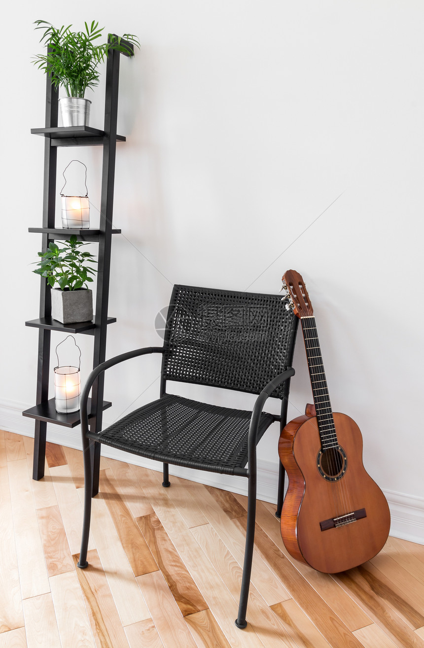 带简单家具 植物和吉他的房间图片