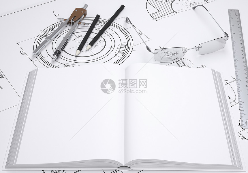 书籍 眼镜 标尺 指南针和铅笔草稿修订构造机器设计师蓝图计算机绘画项目工具图片