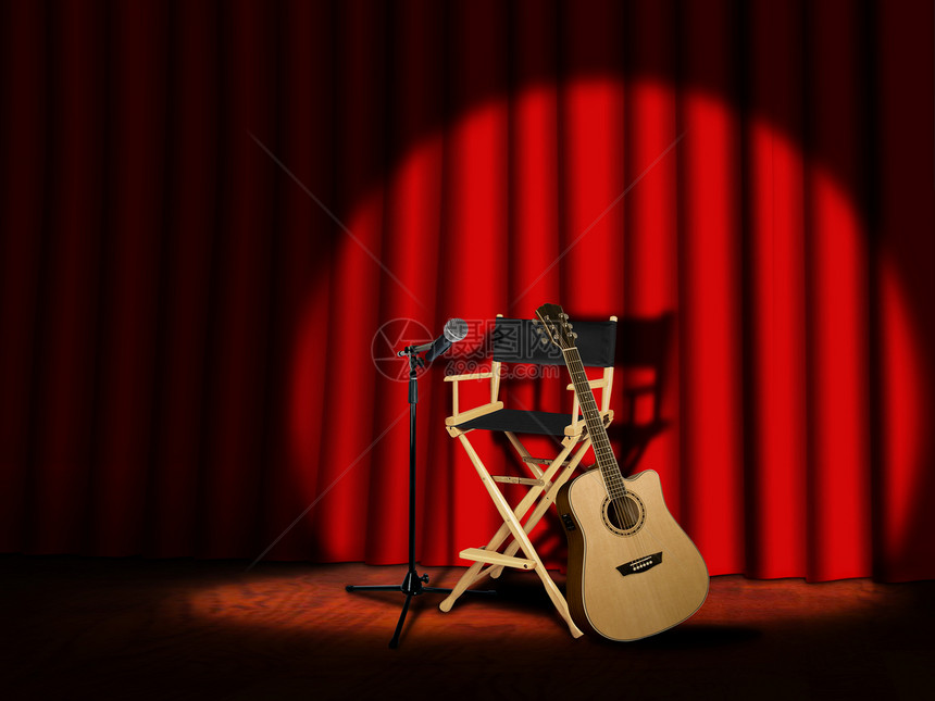 与幕幕台上的麦克风和吉他图片
