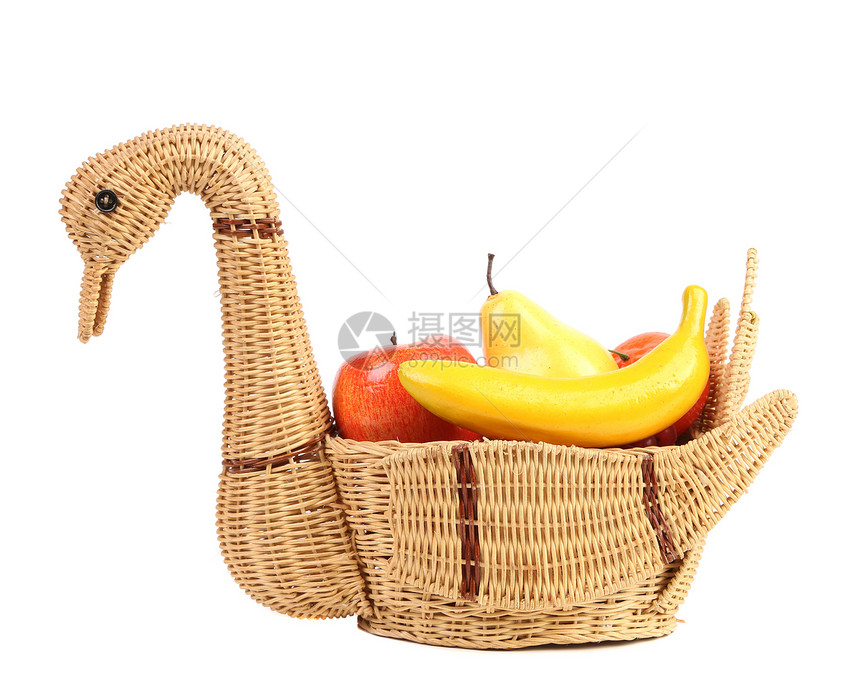 带装饰水果的篮子天鹅对象健康饮食黄麻植物水平红色生活方式柳条静物饮食图片