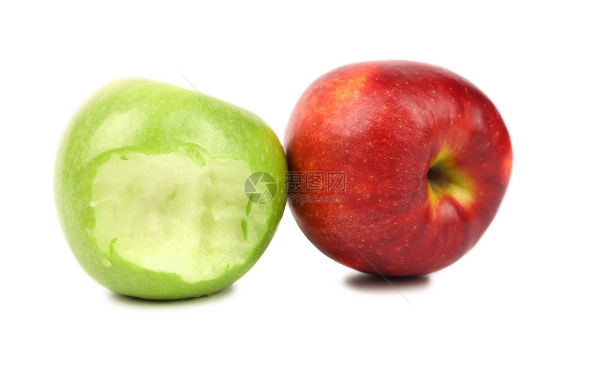 苹果 绿色的咬痕和红色的花园果汁废料美食阴影食物宏观水果小吃图片