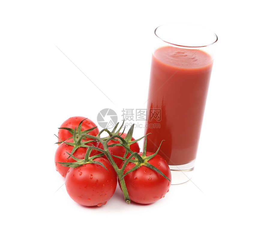 番茄和果汁蔬菜液体水果绿色玻璃食物红色白色香菜叶子图片