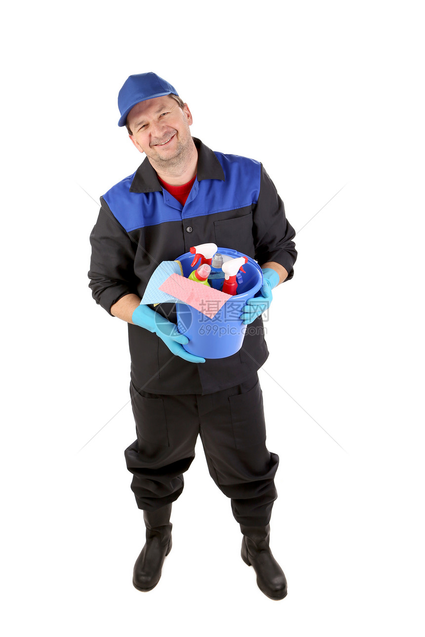 男人有清洁用品用具工作服房子乐器家庭工人男性职业手套拖把图片