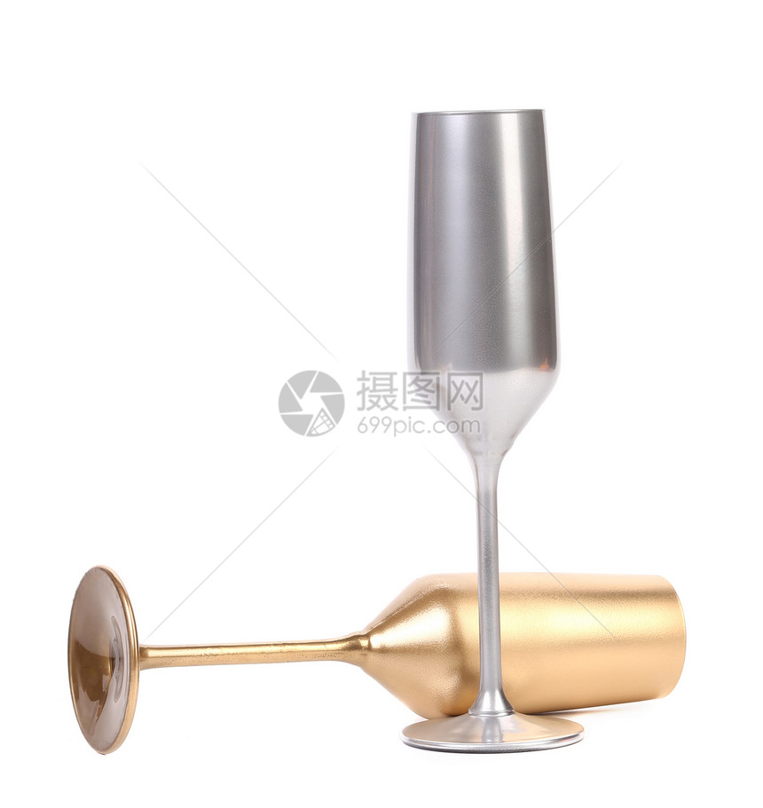 金子和银子香槟杯玻璃内联器皿倾斜白色图片