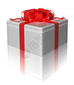 带有红色丝带的礼品盒锡罐 3d正方形盒子反射庆祝活动白色标签金属展示背景图片