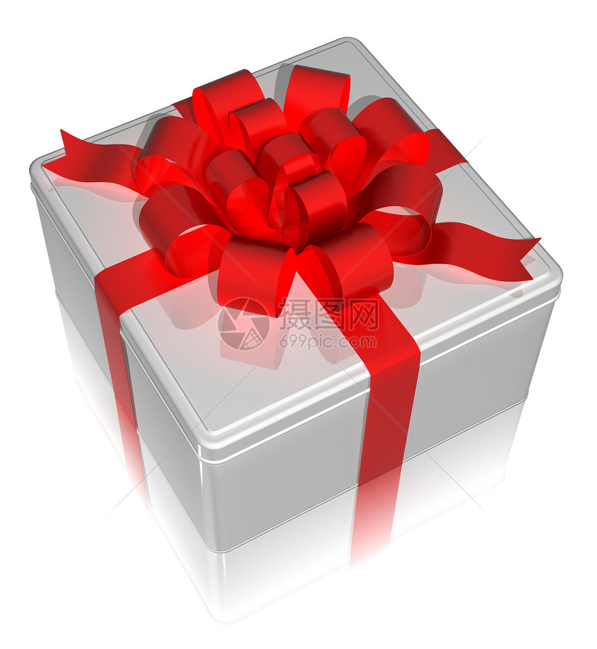 带有红色丝带的礼品盒锡罐 3d标签反射白色盒子活动金属庆祝正方形展示图片