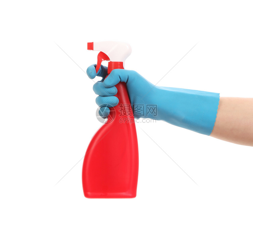 手套上手握着喷雾瓶化学品红色白色卫生瓶子工具安全洗涤剂工作塑料图片