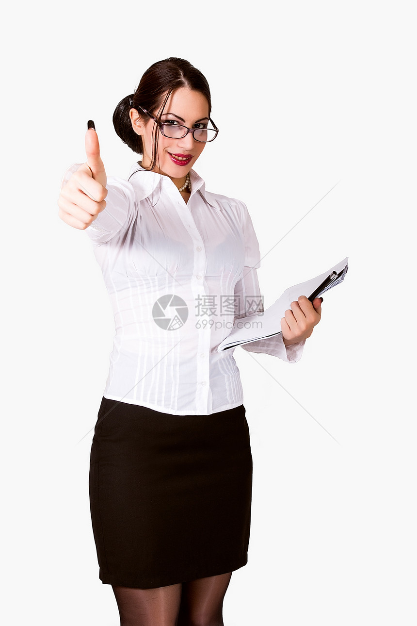 具有大拇指的有吸引力的女商务人士图片