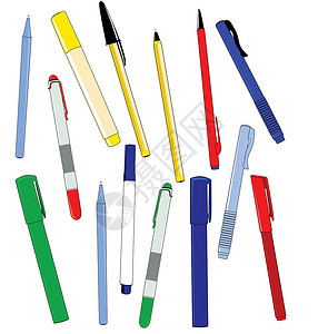 钢笔线条办公室绿色红色课堂钢笔白色魔术笔蓝色大学元素圆珠笔插画