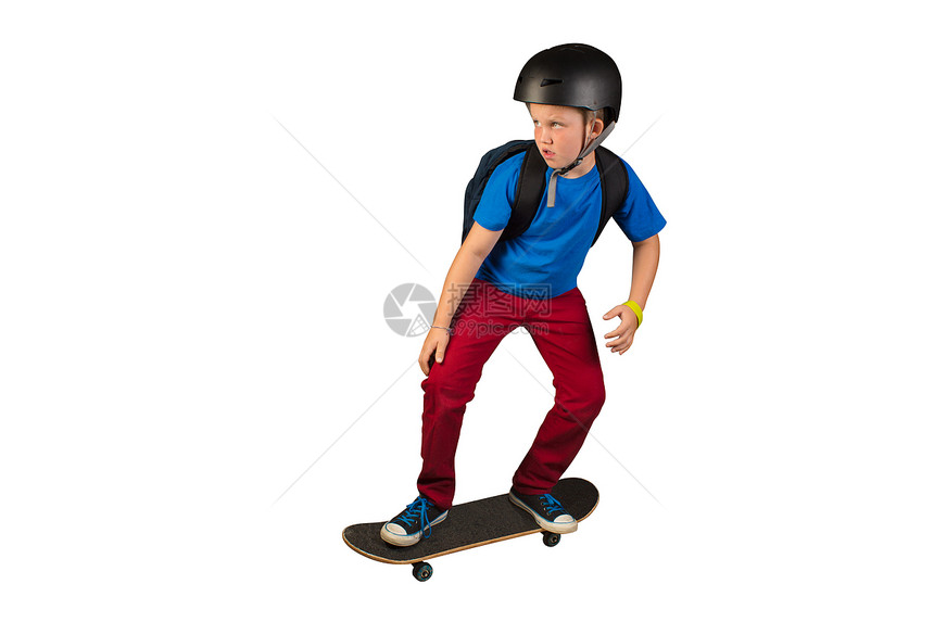 Skater Kid 上学旅行男生手镯小孩裤子蓝衬衫头盔运动鞋背包刺激骑术图片