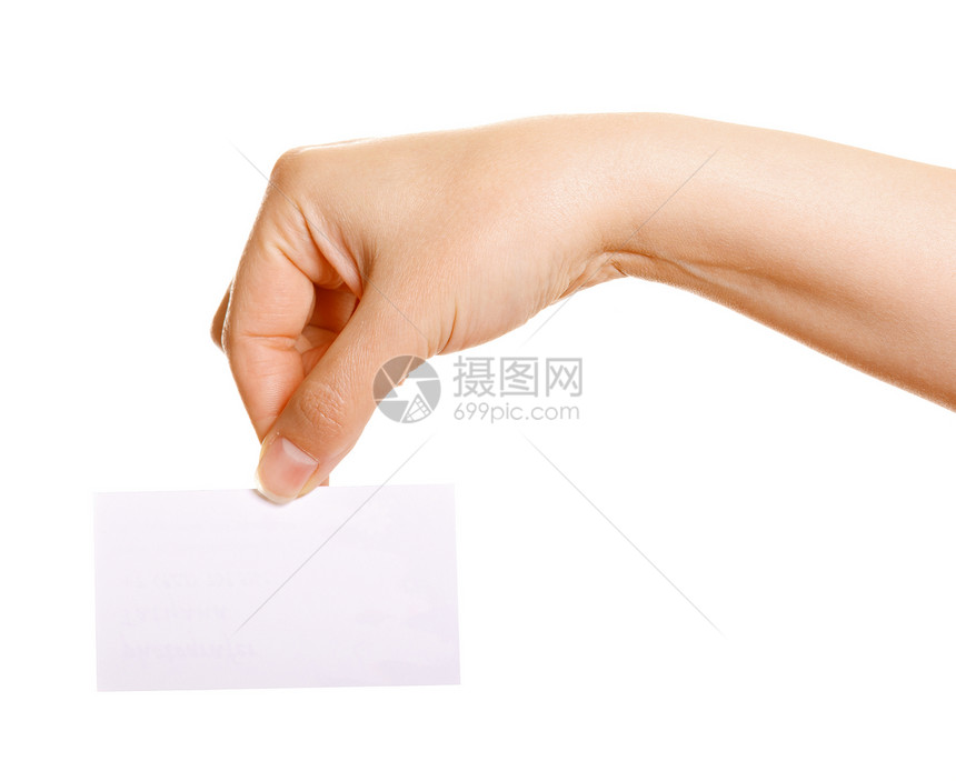 持有名片的女性手手臂白色拇指水平商业标签文档手指广告女士图片