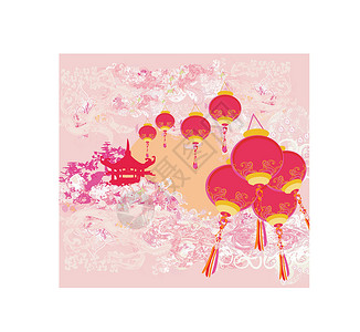 中国新年标签中国新年贺卡     传统灯具和亚洲建筑框架边界宗教语言标签刷子插图硬币书法日历插画