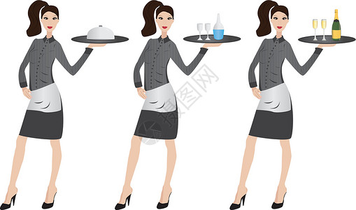 佩尼达女酒店女服务员奢华咖啡店女士女孩酒店服务快乐盘子商业桌子设计图片