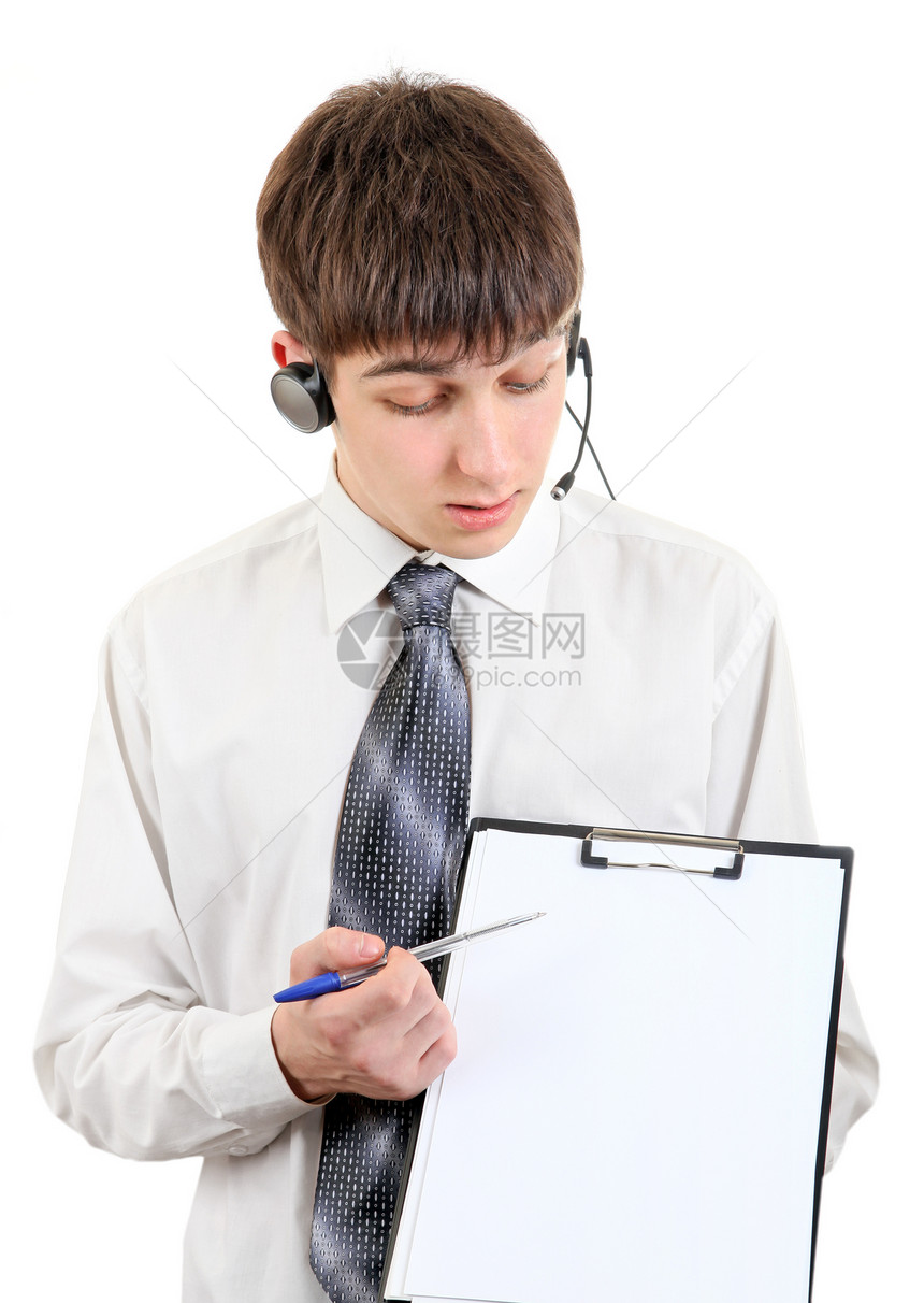 带耳机和剪贴板的青少年助手领带男人工作帮手指针男性报告铅笔节目图片