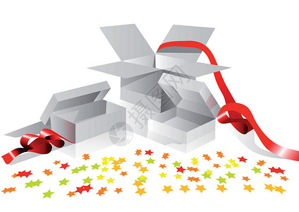 红色盒子星星打开的礼品盒生日庆典丝带红色星星纸盒白色纸板盒子惊喜插画