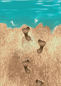 沙脚印沙地上的脚印旅行脚步假期热带赤脚边缘海浪插画