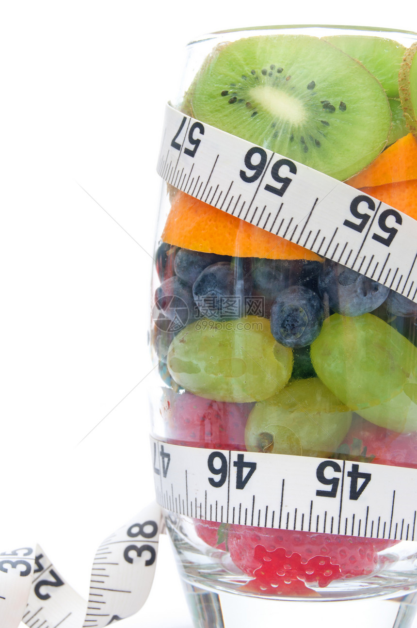 新鲜新鲜水果白色卷尺奇异果奶昔磁带营养橙子排毒零食玻璃图片