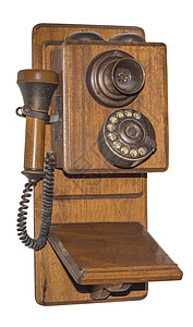 隐蔽的古董木制电话商业木头白色网络曲柄黑色戒指拨号旋转喉舌背景图片