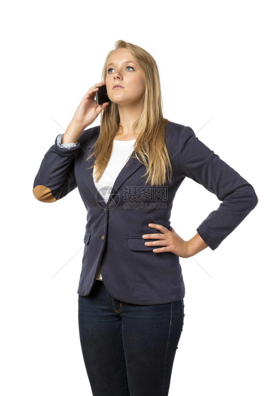 金金色的电话女郎人士女孩头发讲话白色女性金发管理人员手机商务图片