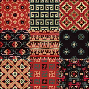 中亚中国无缝中国突厥群岛模式正方形橙子传统地毯装饰品网格针织平方几何学烦恼插画
