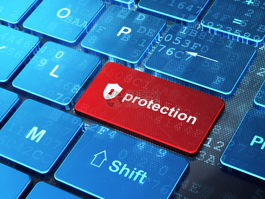 隐私概念 带锁孔的屏蔽和计算机键盘背景上的保护安全白色按钮钥匙互联网网络代码技术数据蓝色图片