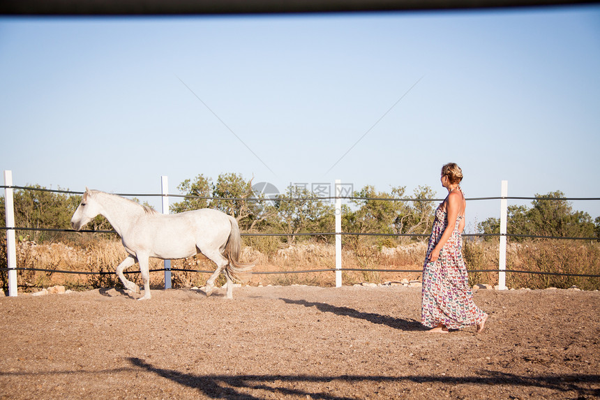 年轻妇女与马一起在路上行走成人骑士女士动物旅行女性哺乳动物活动闲暇娱乐图片