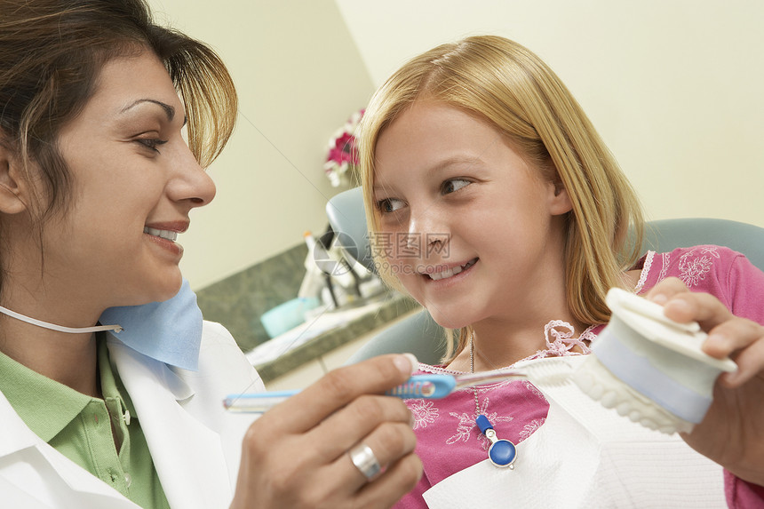 牙刷和牙刷模型 展示如何打扫牙齿的牙科医生图片