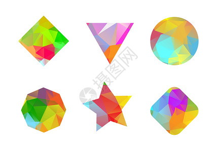 一组彩色几何多边形形状四面体水晶圆圈棱镜艺术立方体蓝色几何学钻石星星插画