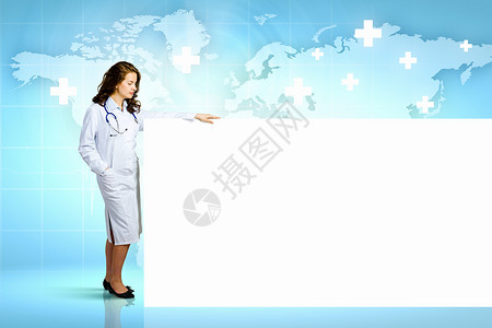 有横幅的医生木板海报医院广告女性广告牌实习生全身互联网药品背景图片