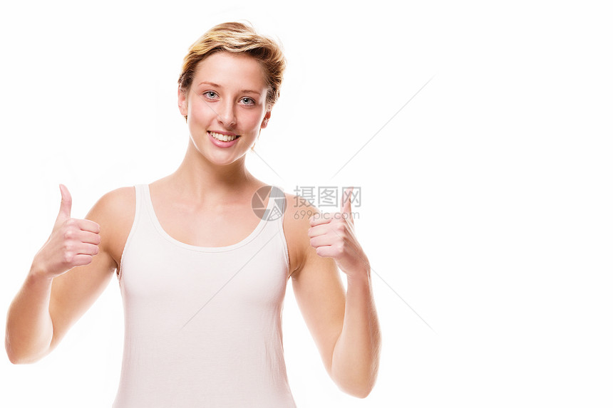 微笑的女士举起大拇指拇指喜悦手指成人白色快乐金发女郎头发女孩幸福图片