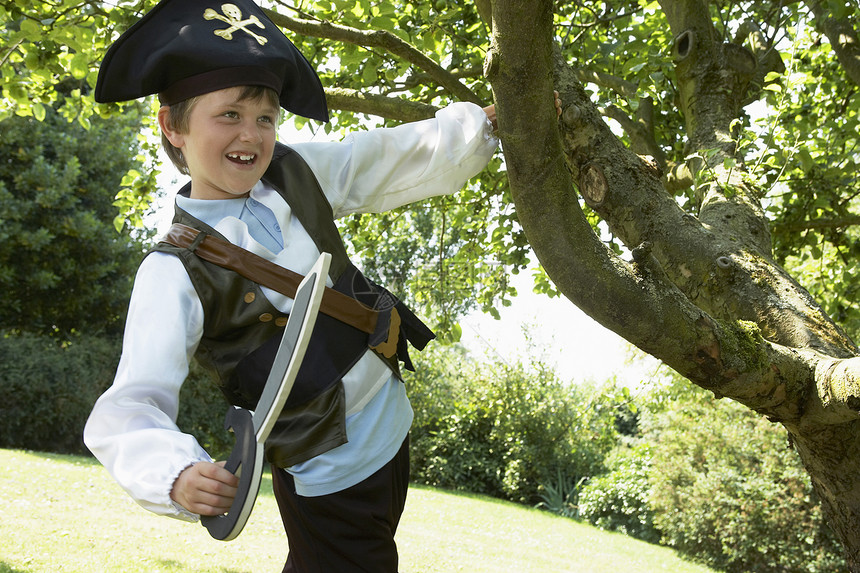 男孩穿着海盗服装 从公园的树上挥舞图片