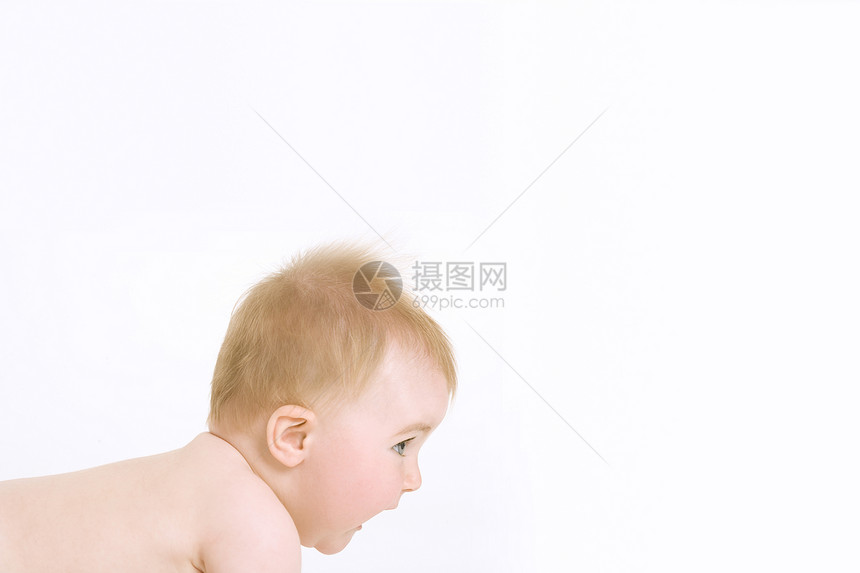 可爱婴儿的侧边景色 爬在白色背景上图片