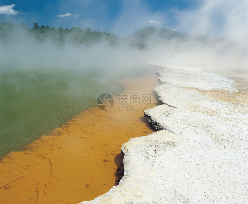 温泉押金蒸汽特征沉积物火山温泉池摄影图片