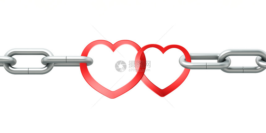 两颗红心连在一起的钢铁链金属金子关节白色热情礼物插图忠诚红色图片
