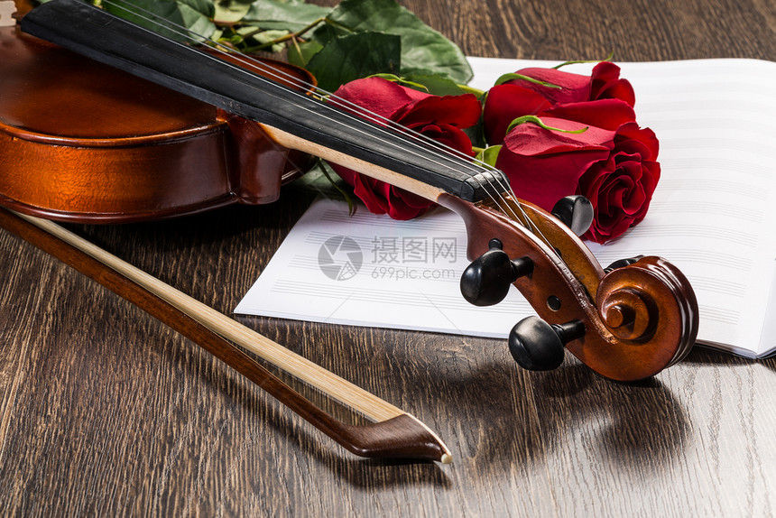 Violin 玫瑰和音乐书籍细绳艺术性纪念日木头古董乐队手臂周年仪式风格图片