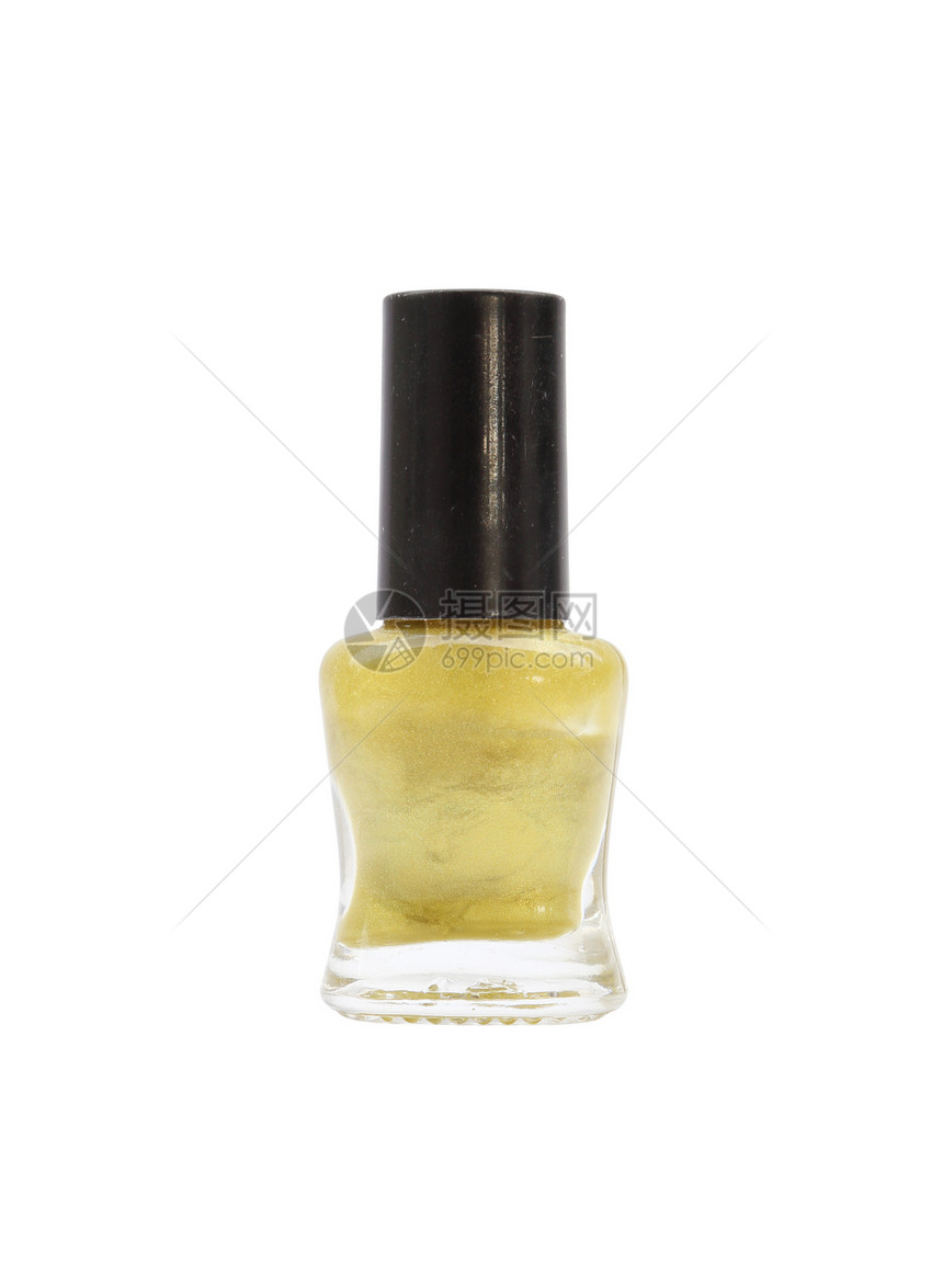 白色背景的指甲油瓶女性液体魅力刷子化妆品美甲光泽度瓶子配饰黄色图片