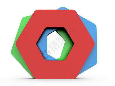 在六边形形状上排成一行白色水平几何红色绿色背景图片