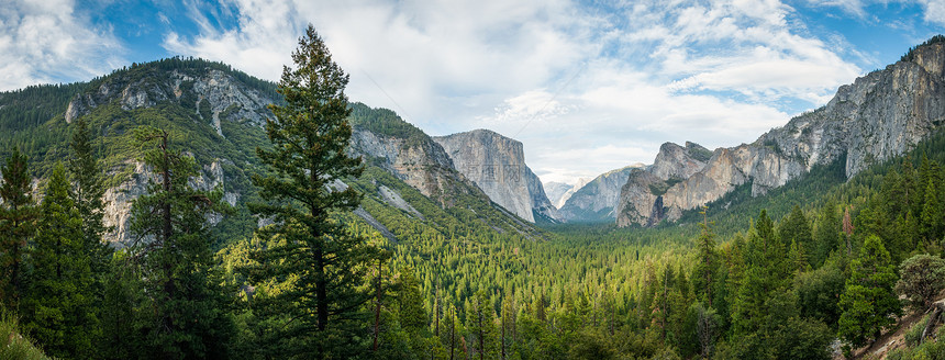 Yosemite全景岩石瀑布国家风景远足反射悬崖山脉天空红木图片