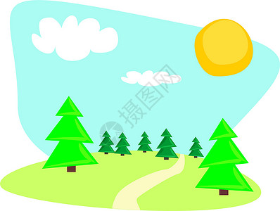 在阳光明媚的白天树林风景 白色与树木隔离的矢量插图背景图片