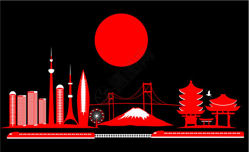 日本旅游素材东京大城市矢量艺术景观红色橙子建筑旅游城市房屋天际反射插图设计图片