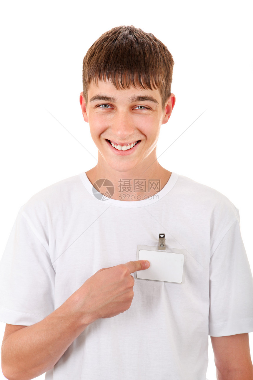 带空徽章的青少年钥匙敷料男性身份标签牛仔裤微笑菜鸟工作男人图片