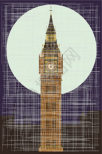 英国钟楼格朗吉本划痕艺术品钟楼绘画满月罢工地标艺术插图插画