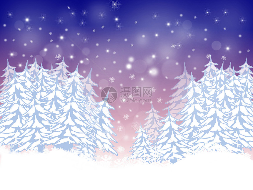 带纤维的圣诞卡蓝色季节粉色卡片森林天堂冷杉降雪白色乡村图片