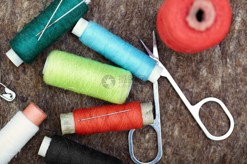 缝缝工具棉布宏观乐器维修材料手工闲暇刺绣纺织品蓝色图片