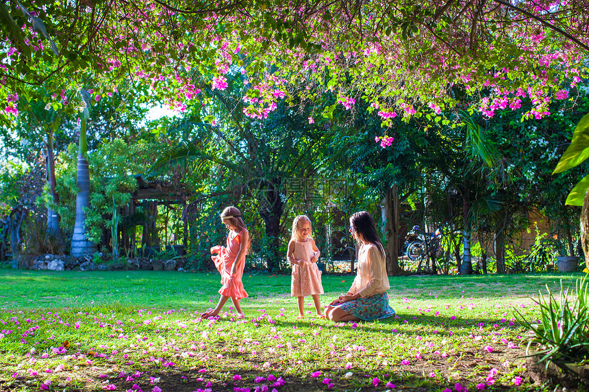 年幼母亲与女儿们的年轻母亲坐在鲜花花园里 享受暑假女性家庭退休后代父母保健喜悦卫生女孩公园图片