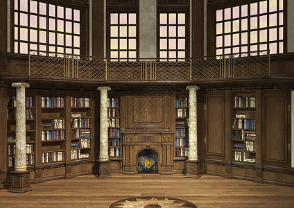 旧图书馆收藏知识家具教育房间贮存窗户图书古董渲染背景图片