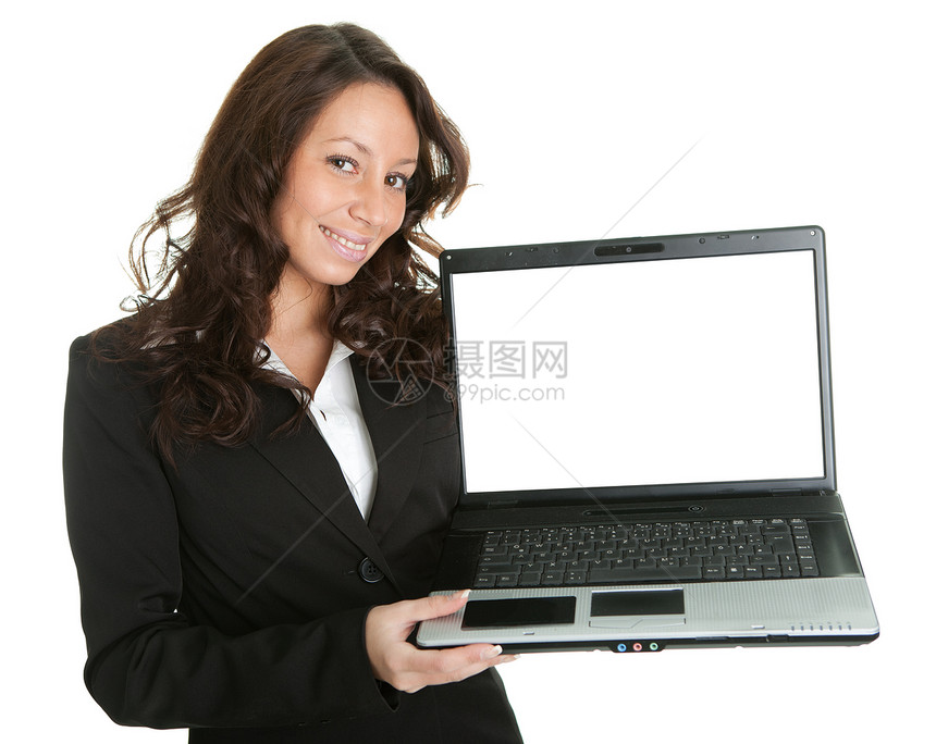 商业妇女提供手提笔记本电脑微笑桌子工作销售量展示成人混血桌面女性人士图片