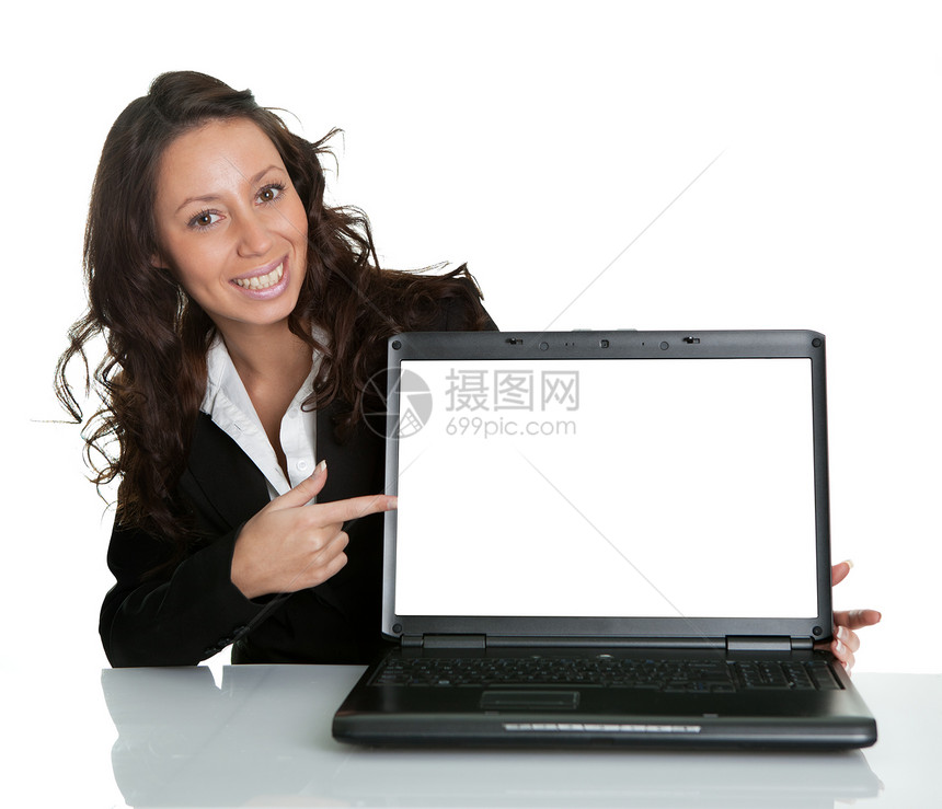 商业妇女提供手提笔记本电脑技术监视器互联网工作快乐推介会成人人士桌子混血图片