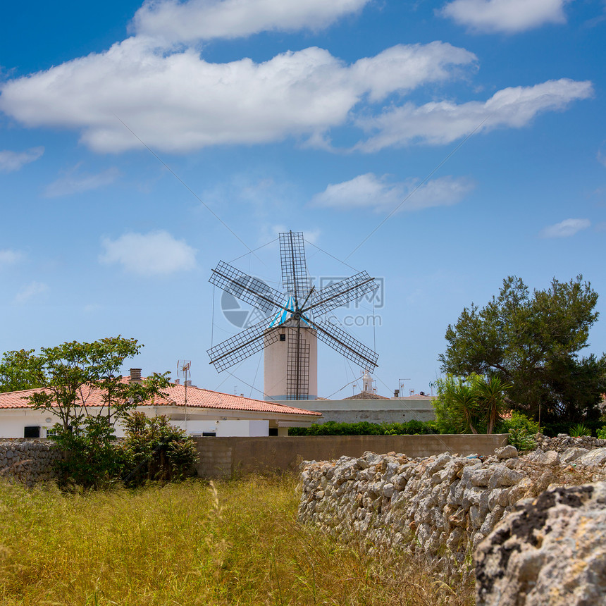 风车在巴利阿里群岛明信片太阳房子蓝色天空旅游建筑学建筑古董假期图片